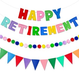 Retirement Party Decorations for Women Men-Rainbow Set With Pre-Strung 3D Felt Happy Retirement Banner, PomPom Garland, Triangle Fabric Bunting,Reusable Retired Party Decor Supplies(NO DIY)