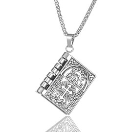 Kawailay Bible Book Necklace Sacred Pendant Necklace Vintage Rock Punk Hip Hop Chain Rapper Biker Cool Religious Necklace for Men - Silver