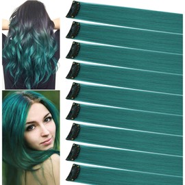 MQY COLOR 9PCS 21'' Colored Clip in Hair Extensions for Girls Party Highlights Synthetic Long Straight Hair Accessories Wig Pieces Colorful Hairpieces for Girls Kids Women (Dark teal)