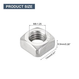 uxcell M8-1.25x6.5 Square Nuts, 304 Stainless Steel Coarse Thread Square Nuts Fasteners for Home Repairs and Professional Engineering, Silver, 100pcs