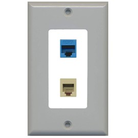 RiteAV - 1 Port Phone Beige 1 Port Cat6 Ethernet Blue Decorative Wall Plate - Gray/White - Bracket Included