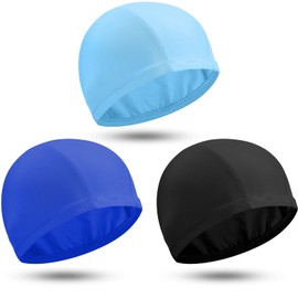 Pack of 3 Plain Swimming Caps, Nylon Fabric, Swimming Cap, Unisex Swimming Cap, Non-Slip Swimming Pool Cap for Long and Short Hair, Bath, Swimming and Athletes (Black, Blue, Deep Sky Blue), Black,