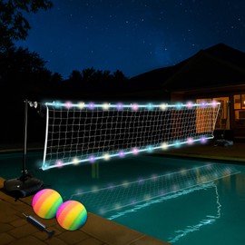 Pool Volleyball Net Set with LED Lights,Volleyball Net with Weighted Bases and Adjustable 15ft-42ft Length for Inground Pools,Portable Water Volleyball Game with 2 Balls & Pump for Pool Entertainment