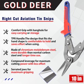 GOLD DEER Aviation Tin Snips Right Cutting with Serrated Jaws Metal Sheet Cutter High Leverage Aviation Tin Snips Cut Steel Cutter Snippers Metal Roofing Cutting Tools with Safety Latch Hanging Hole