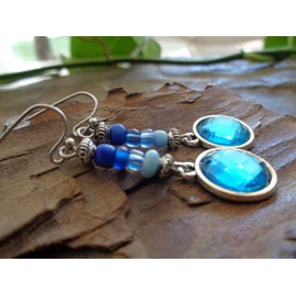 Blue tones – glass beads, cabochon and stainless steel hooks. Unique boho earrings