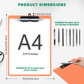 FRETONBA Orange Clipboard with Pen Holder, Set of 6 Plastic Clipboard with Low Profile Metal Clip, Hanging Clipboards Holds 8.5x11 Inch Papers, Standard A4 Letter Size Clip Boards for Office & School