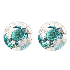 2 Pack Sea Turtles Pattern Absorbent Car Coasters for Cup Holders,2.56" Ceramic Coasters with Cork Back and Finger Slot,Auto Accessories for Women & Men.