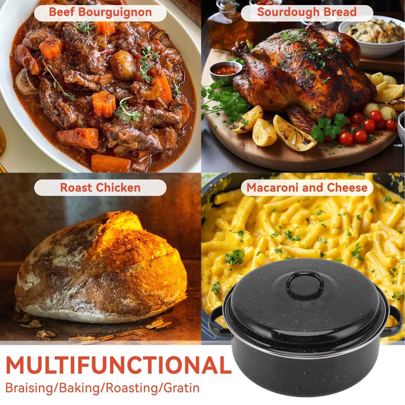 Black Enameled Steel Round Roaster Pot with Iron Lid and