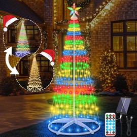 6ft Solar Powered Christmas Cone Tree Lights with Star Topper, Remote Control, 11 Modes, Dimmable, IP65 Waterproof, Timer for Indoor Outside Yard Holiday Decoration, Warm White & Multicolor