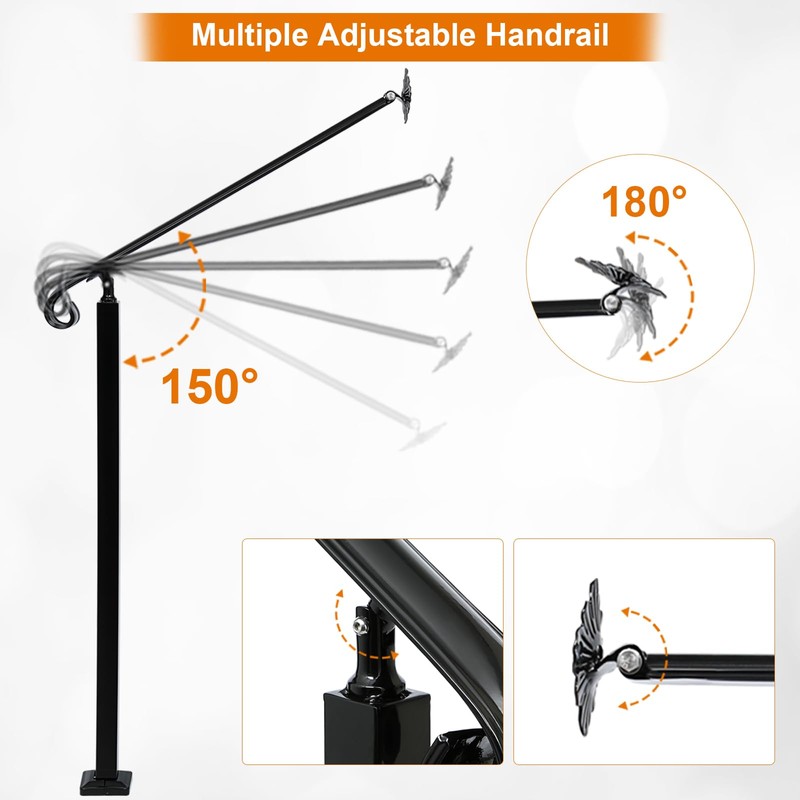 Zwinz Adjustable Handrail 1-3 Step, Wall&Floor Mounted Wrought Iron Handrails,