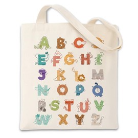 Cute Animal Gift Bag, Alphabets Canvas Totes Bags for Women, ABC Letters Canvas Tote, Library Book Bag, Teacher Tote Bags for Books, Reusable Cotton Totes for Grocery, Shopping, Beach & Daily Use