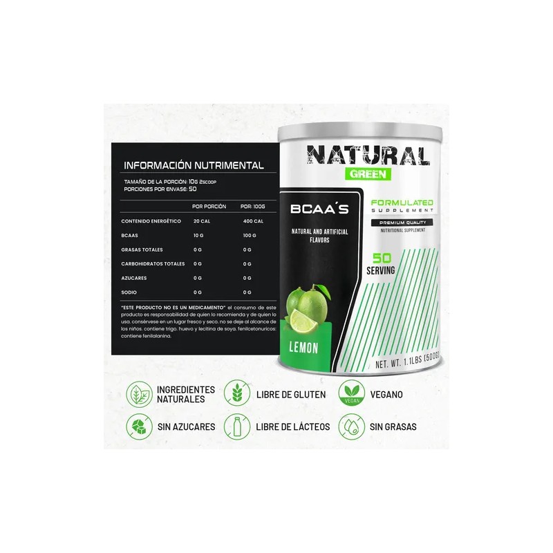 Bcaas Aminoácidos Natural Green 500g 50servis Varios Sabores