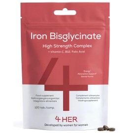 4 HER Gentle Iron Tablets 14mg Bisglycinate Iron Supplements for Women, 120