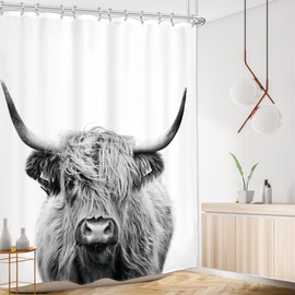 AMBZEK Highland Cow Shower Curtain 60Wx72L Inch Rustic Bull Portrait Western Farmhouse Cattle Country Restroom Accessories Funny Cute Farm Animal Grey White Fabric Bathroom Decor Set with 12 Hooks