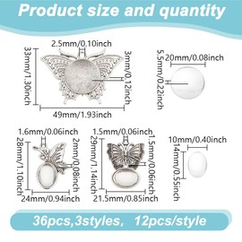 GOMAKERER 72 Pcs Blank Butterfly Pendant Settings Kit, 36 Pcs 6 Styles Vintage Butterfly Blank Pendants Tibetan Jewelry Connectors with 36 Pcs 2 Sizes Round Glass Cabochons for DIY Craft Making