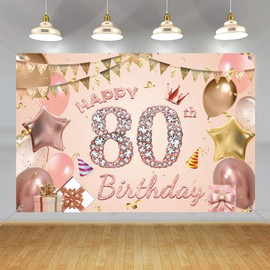 Tecreo Happy 80th Birthday Decorations Backdrop Banner for Lady/Women Happy 80 Years Old Party Fabric Sign Poster Woman Birthday Photo Background 80th Birthday Party Supplies, 59"x35.4"