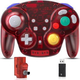 2.4 GHz Wireless GameCube Switch Pro Controller, for NGC GameCube Console, Switch/Switch OLED, PC, Steam Deck (Built-in Rumble) (Rechargeable) (Plug and Play) Clear Red