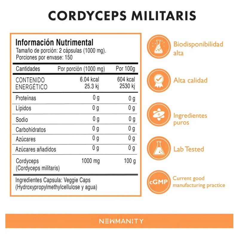 Cordyceps Militaris Newmanity 300 Caps Sin Sabor