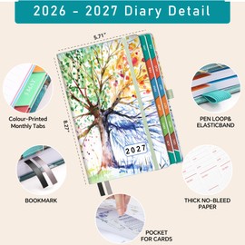 Academic Diary 2026-2027 Day per Page A5 (5.9" × 8.5"), Aug 2026 - July 2027, Mid Year Daily Planner with Monthly View, UK Holiday, Hardcover, Colorful Tabs, Notes, Pen Set, Pocket - Tree of Life