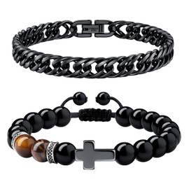 Dochais 2 Pcs Men's Bracelets, Mens Bracelets Silver Black, Cross Cuban Chain Bracelet Men Length 21 cm/23cm（8.27inch/9.05inch）, Stainless Steel Bracelet Width 8 mm (21cm, Black)