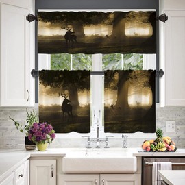 BaoNews Khaki Animal Deer Kitchen Valances for Windows,Camouflage Reindeer Misty Forest Fall Leaves Blackout Valances Curtains Multilayer Polyester Drapes for Kitchen Bedroom 2 Pack 52X18 Inches