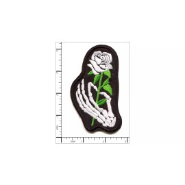 Patchwork Paradise Skeleton Hand Holding White Rose Embroidered Iron On Patch DIY Applique