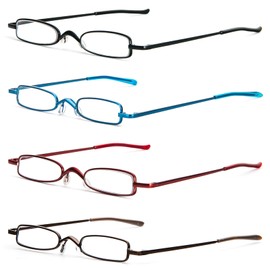 MMOWW Small Reading Glasses Men Women 4 Pairs Slim Pocket Readers with Pen Clip Metal Case Spring Hinge (Black/Blue/Red/Brown, +2.5)
