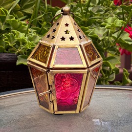 In the Breeze 9204 — Pink & Yellow Mini Hex Tealight Lantern — Moroccan-Style Boho Chic Tealight Glass and Metal Tabletop Lantern