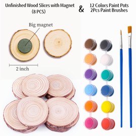 Refrigerator Magnets Set for DIY Hand Painting, Includ 8PCS 2 inch Unfinished Wood Slices with Big Magnet & 2 Brushes & 12 Colors Paint Pots, Creative Fridge Magnets for Whiteboard Office School