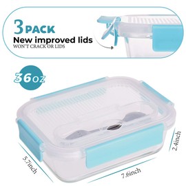 AILTEC Large Glass Food Storage With Locking Lids - Bento Box Lunch and Meal Prep Containers [3-Pack, 36 OZ]
