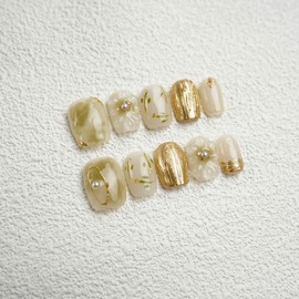 sheepyo Nail Tips Short Short Autumn Winter Long Sleeve Handmade Yellow Japanese Style Japanese Pattern Handmade Gold Coming-of-Age Ceremony Finger Suit False Nail Flower Cute Korean (Handmade Nail-7