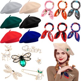 6 Set Beret Hats for Women with Silk Scarf Brooch, Wool Berets Solid Color French Beanie Beret Artist Hat (Multicolor,Trend Style)