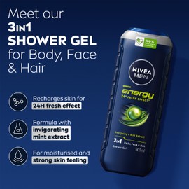NIVEA MEN Energy Shower Gel (500 ml), Moisturising 3-in-1 Body Wash for Men with Mint Extract, Invigorating and Energising NIVEA MEN Shower Gel