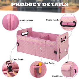 JiatuA Car Trunk Organizer for SUV, Car Storage Organizer Collapsible Multi Compartment Container Box, Adjustable Car Accessories for Women/Men, Pink