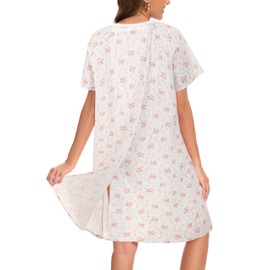AVIIER 100% Cotton Hospital Gowns for Women Open Back Adaptive Clothing Nightgown Post Shoulder Surgery Patient Gown White Flower XXL
