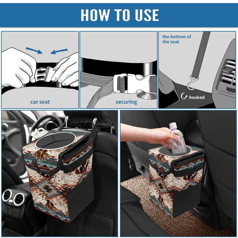 GACTIVITY Western Aztec Cow Print Collapsible Reusable Waterproof Car Trash