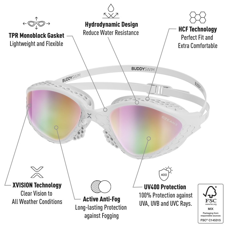 BUDDYSWIM OzeanX Swimming Goggles Anti-Fog with XVision Panoramic Lenses UV400