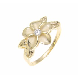 Arthur's Jewelry Yellow gold plated 925 sterling silver Hawaiian plumeria flower cz maile leaf leaves ring size 9