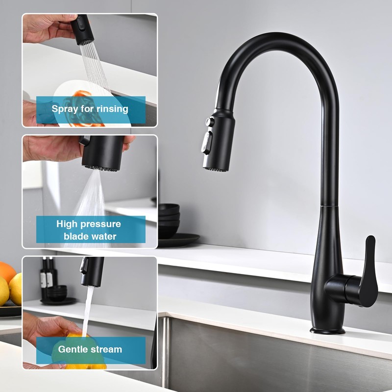 Metal Kitchen Faucet Head Replacement, 3-Function Pull Down Spray Head