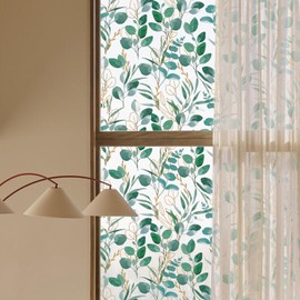 ChicSkin Botanical Double-Sided Frosted Textured Privacy Stained Glass Window Film, Non-Adhesive Watercolor Static Cling Glass Covering Sticker Removable Window Decor, Green Eucalyptus 16.93"x78.74"