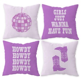 FLDAS Girls Just Wanna Have Fun Pillow Covers 18x18 Set of 4, Western Preppy Pillow Cases, Preppy Room Bedroom Decor, Purple Howdy Cowgirl Boots Disco Ball Pillows Decorative Throw Pillows Cover