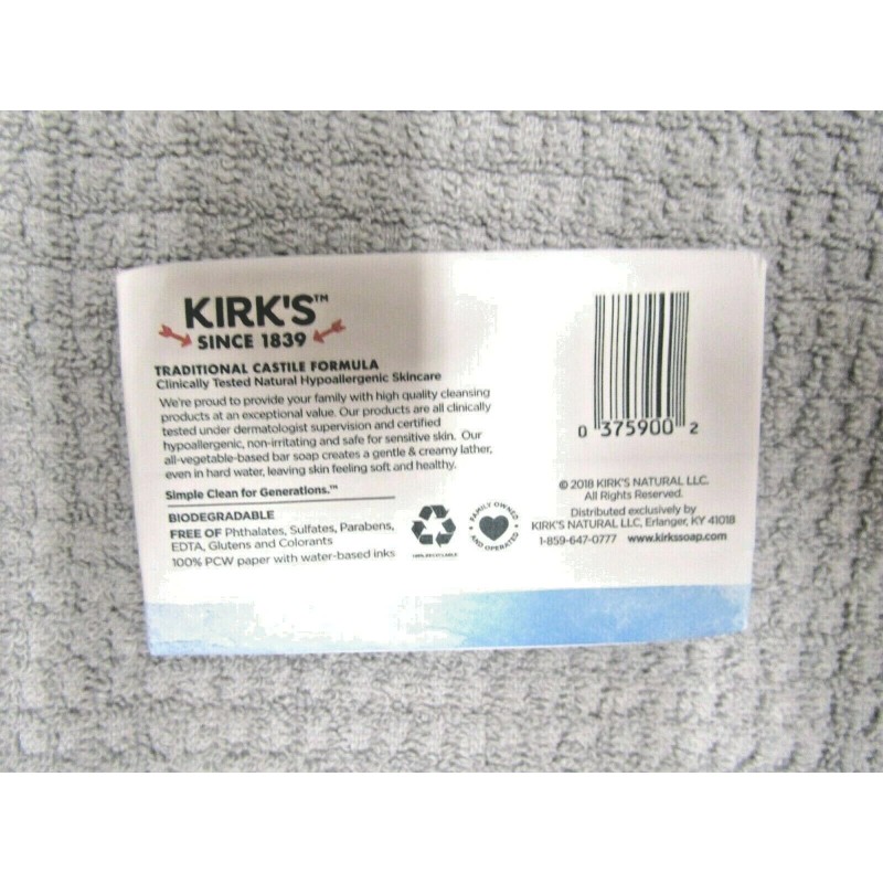 KIRK'S~100% PREMIUM COCONUT OIL~ORIGINAL FRESH SCENT~GENTLE CASTILE SOAP 4 OZ