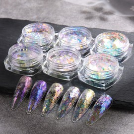 Holographic Opal Nail Art Glitter Flakes, 6 Colors Aurora Iridescent Pigment Powder Irregular Ice Crystal Mermaid Paillettes Sparkly Chunky Glitter Sequins for DIY Manicure Nail Decorations
