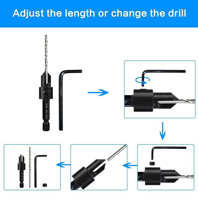 3-pc Countersink Drill Bit Set #10#12#16, 3in1 Woodworking Counterbore Hole