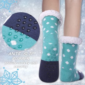 LANLEO Fuzzy Slipper Socks For Women with Grippers Winter Warm Thick Plush Fleece Lining Non Slip Christmas Home Socks Blue Owl