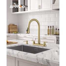 APPASO 4-Hole Kitchen Faucet with Pull Down Sprayer Brushed Gold, Gold 2-Handle Sink Faucets with Soap Dispenser, High Arc Stainless Easy Install for 3-Hole & 4 Holes Kitchen Sink RV Farmhouse Utility