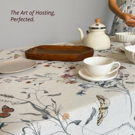 Studio Bala, Floral Linen Tablecloth – Rectangular 55" x 87" Table Cloth for Dining Room & Farmhouse Decor, Elegant Waterproof Design, Holiday Tables & Kitchen Linens Collection, Boho Vintage Style