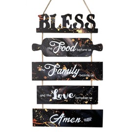 PURREITTI Bless the Food Before Us Sign, Farmhouse Kitchen Signs Wall Decor, Rustic Dining Room Art Wall Decor, Black Country Wall Plaques, Vertical Wall Hanging Wood Sign for Living Room Bedroom