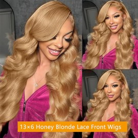 Jewhaut Honey Blonde Wig Human Hair 200% Density 13x6 Honey Blonde HD Body Wave Lace Front Wigs Pre Plucked Colored 27# Human Hair Wig 24 Inch