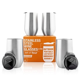 BROVINO Stainless Steel Wine Glasses with Lid - Set of 4-17 oz Double Wall Insulated Outdoor Wine Tumblers - 100% Unbreakable & Stemless Glass - Wine Tumbler Set for Outdoor : Wine, Coffee & Camping